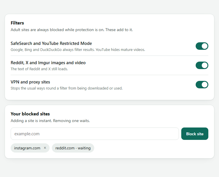 Unlure filters: SafeSearch and YouTube Restricted Mode, Reddit, X and Imgur images and video, VPN and proxy sites, all switched on. Below, your own blocked sites.